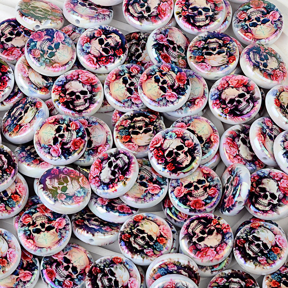 100Pcs Double-sided Printing Rose Surround Skull Round Piece Vertical Hole Beads DIY Mobile Phone Rope Keychain Chain Pen Accessories