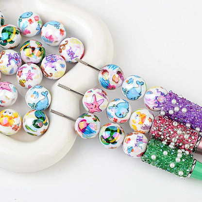 100Pcs 16mm acrylic solid color plating color printing marine biological straight hole round beads DIY mobile phone rope keychain accessories