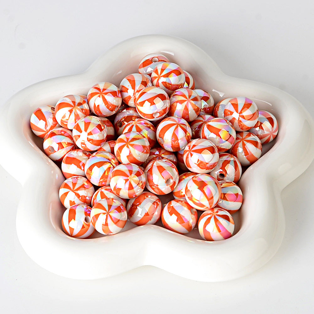 100Pcs 16mm straight hole Christmas color plated striped beads printed round beads beaded loose beads DI bracelet jewelry material in stock