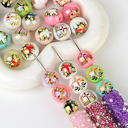 100Pcs new printed cross beaded fashionable versatile acrylic round beads high value DIY mobile phone chain printed loose beads