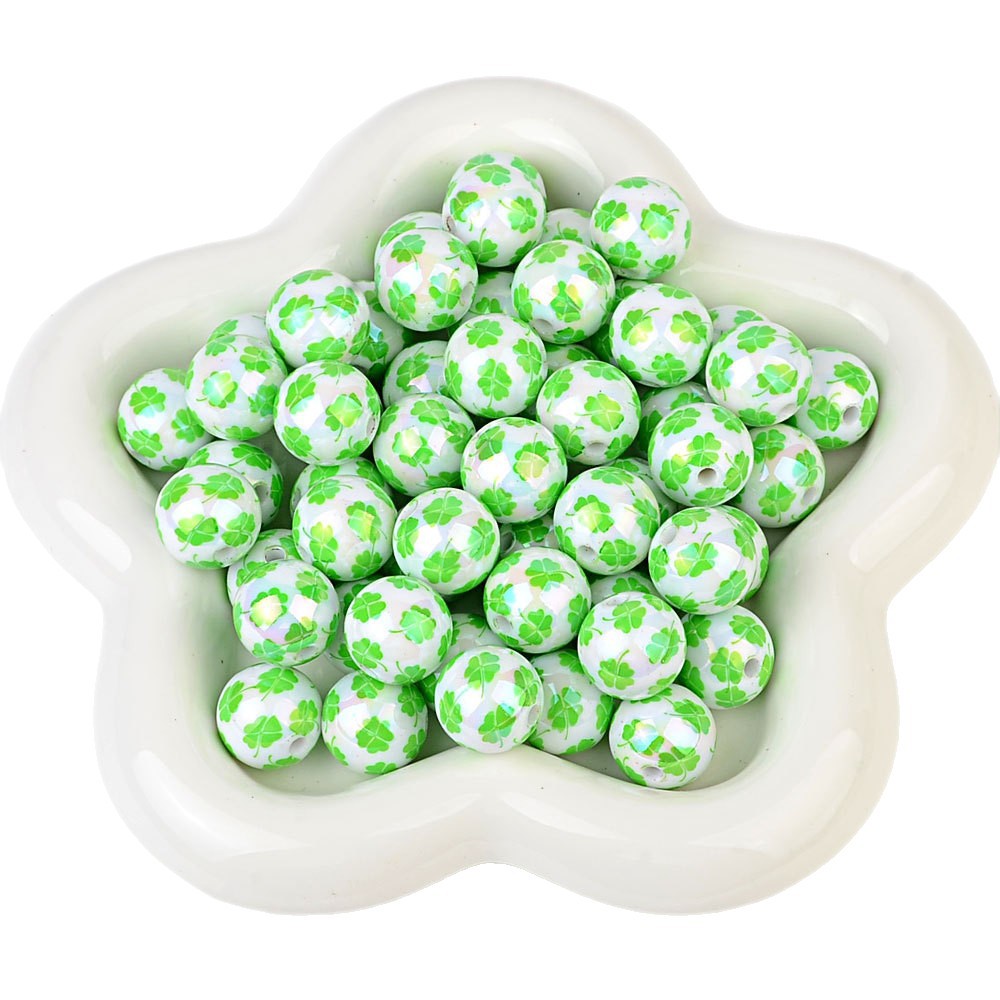 100Pcs 16mm acrylic printing four-leaf clover through-hole round beads DIY Douyin live broadcast mobile phone rope keychain pen accessories