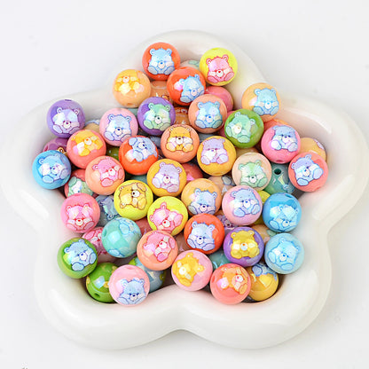 100Pcs Plated Color Printing Love Rainbow Bear Cartoon Round Cake Beaded DIY Pen Mobile Phone Chain Keychain Accessories