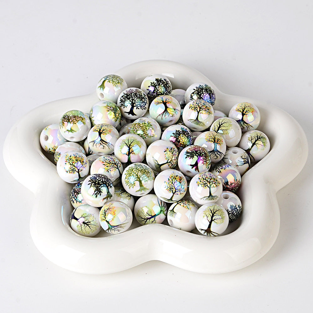 100Pcs 16mm acrylic solid color double-sided printing Tree of Life straight hole round bead DIY bracelet pendant jewelry accessories