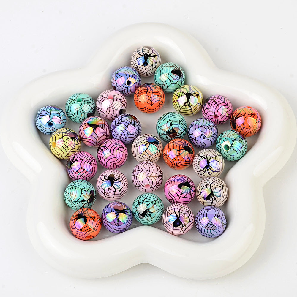 100Pcs 16mm acrylic plated Halloween theme spider straight hole round beads DIY mobile phone chain keychain accessories