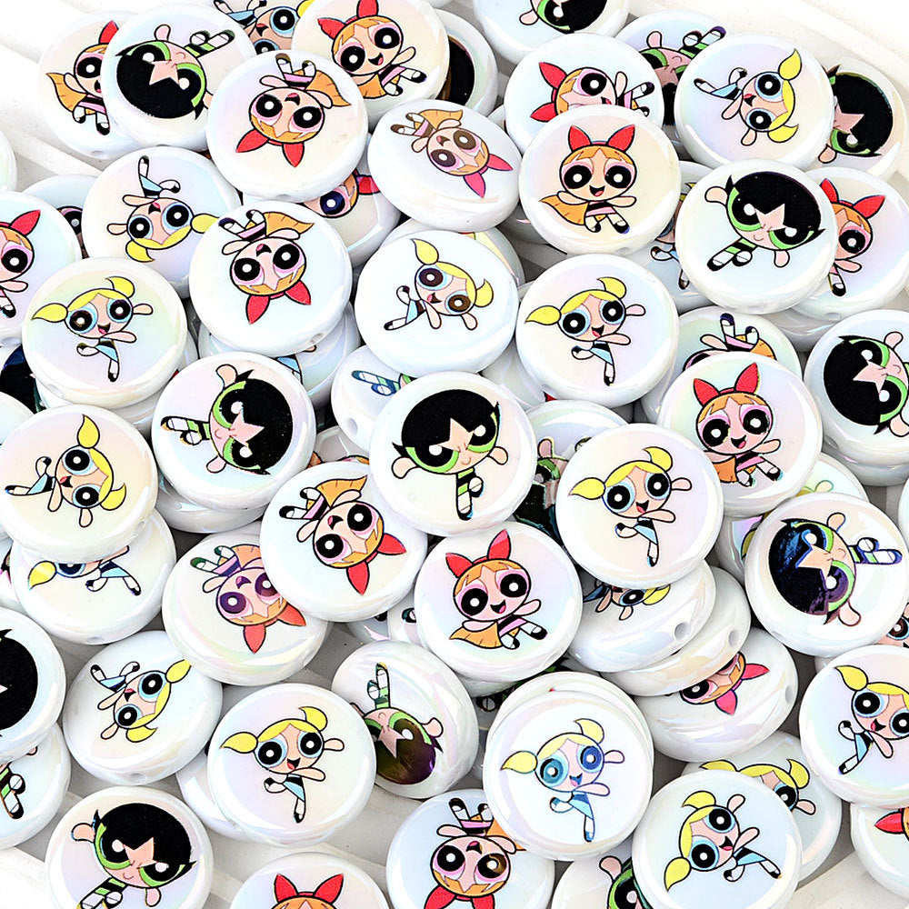 100Pcs acrylic printing cartoon flying police girl straight hole round beads DIY handmade jewelry accessories spot wholesale