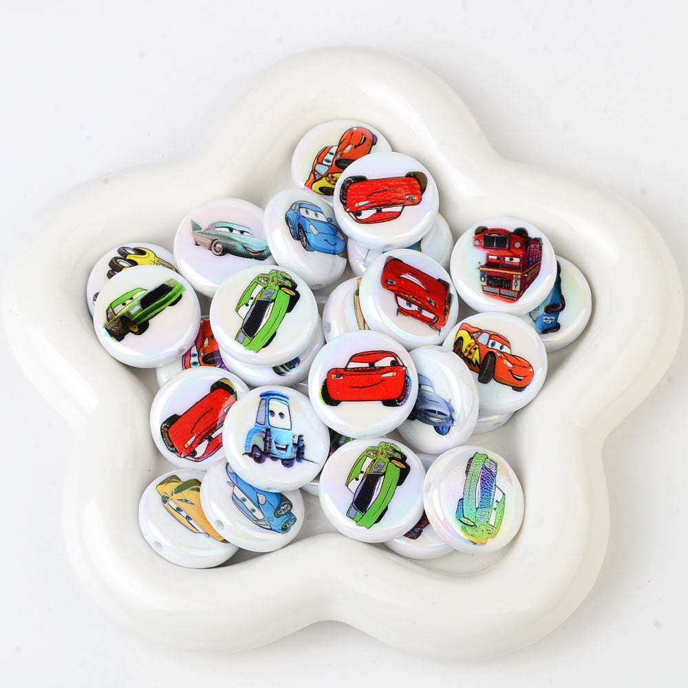 100Pcs acrylic UV plated color cartoon racing series straight hole flat bead DIY handmade beaded jewelry accessories material