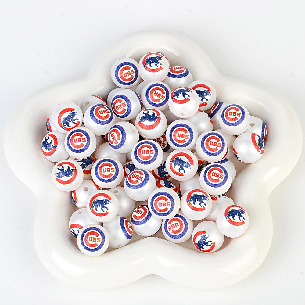 100Pcs 16mm frosted printing MLB baseball league round beads loose beads DIY bead pen car hanging baseball team accessories