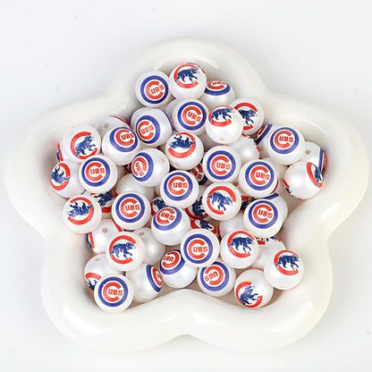 100Pcs 16mm frosted printing MLB baseball league round beads loose beads DIY bead pen car hanging baseball team accessories