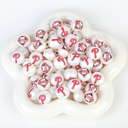 100Pcs 16mm frosted printing MLB baseball league round beads loose beads DIY bead pen car hanging baseball team accessories