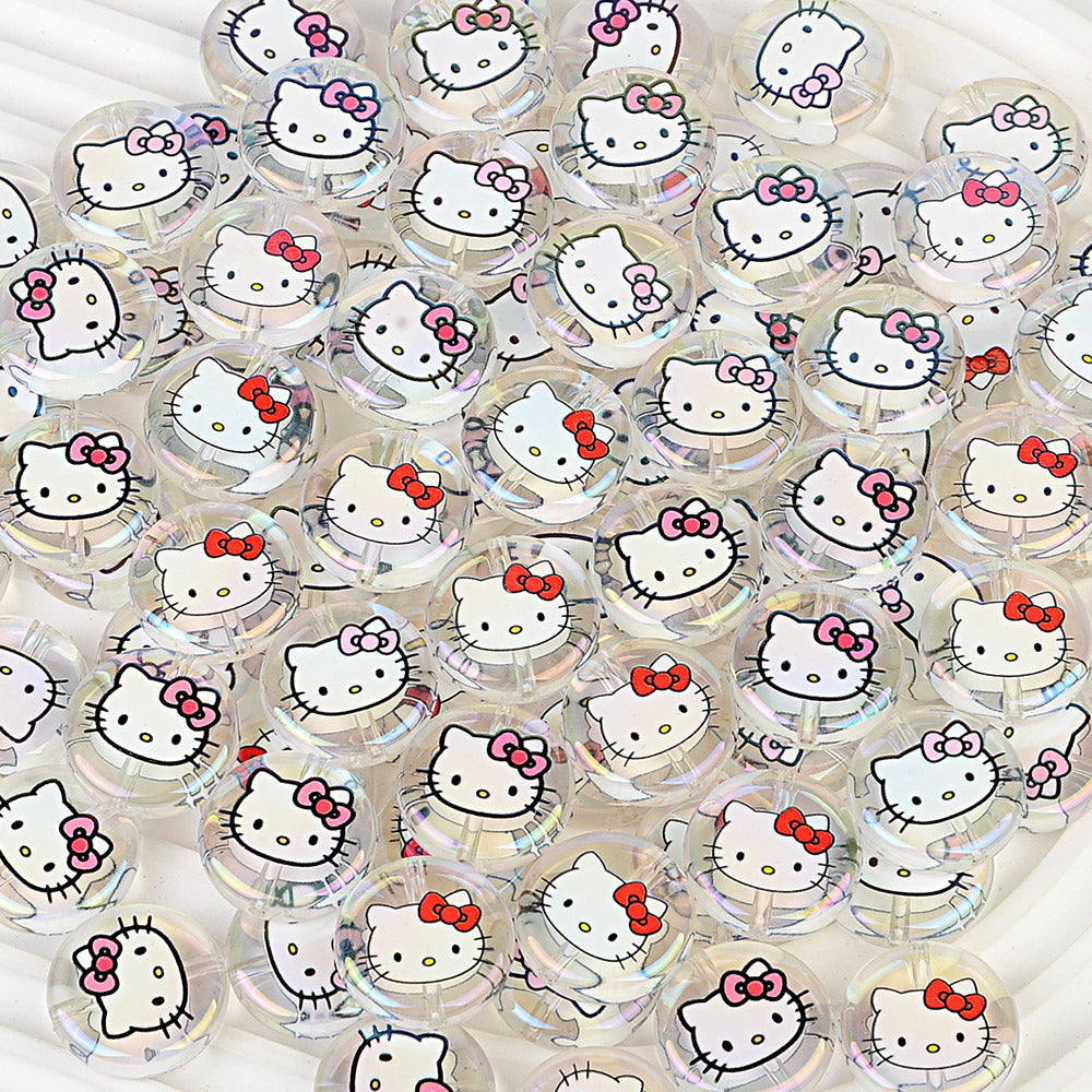 100Pcs acrylic loose beads double-sided printed hallo KT cat straight hole disc beads DIY jewelry mobile phone chain bead pen with