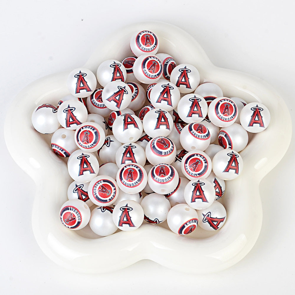 100Pcs 16mm frosted printing MLB baseball league round beads loose beads DIY bead pen car hanging baseball team accessories