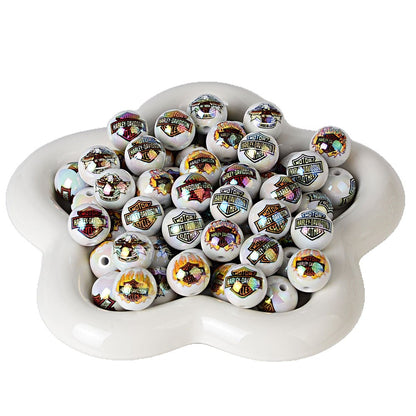 100Pcs 16mm acrylic printed Harley shield straight hole round beads DIY mobile phone chain bead pen hanging accessories