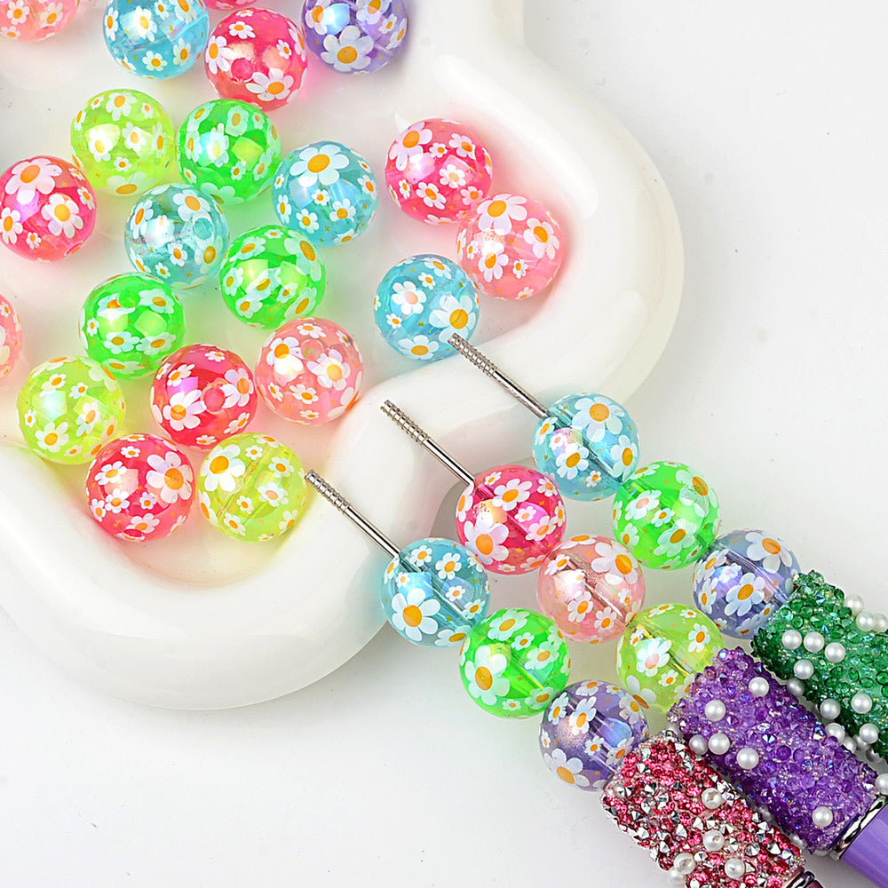 100Pcs 16mm transparent UV plating color full printing sunflower color round beads DIY mobile phone chain bead pen key jewelry accessories
