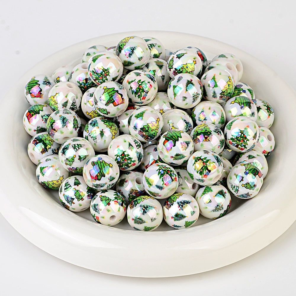 100Pcs Christmas elements printed round beads Santa Claus Christmas tree gingerbread man various acrylic beaded ornaments wholesale