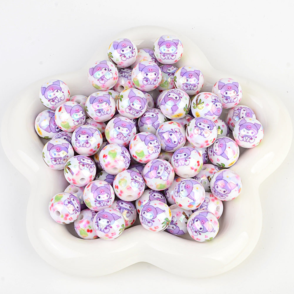 100Pcs printed Sanrio Hello Kitty hallo KT straight hole round beads DIY jewelry loose beads mobile phone chain bead pen accessories