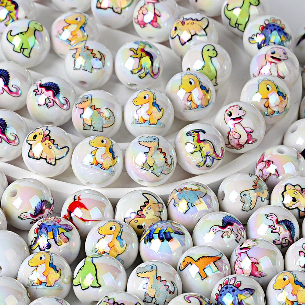100Pcs 16mm acrylic solid color printing cartoon dinosaur theme straight hole round beads, handmade DIY mobile phone rope jewelry accessories
