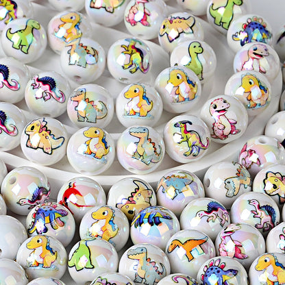 100Pcs 16mm acrylic solid color printing cartoon dinosaur theme straight hole round beads, handmade DIY mobile phone rope jewelry accessories