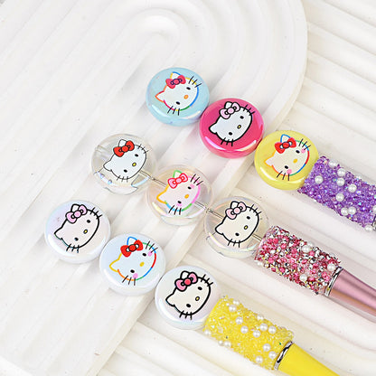 100Pcs acrylic loose beads double-sided printed hallo KT cat straight hole disc beads DIY jewelry mobile phone chain bead pen with