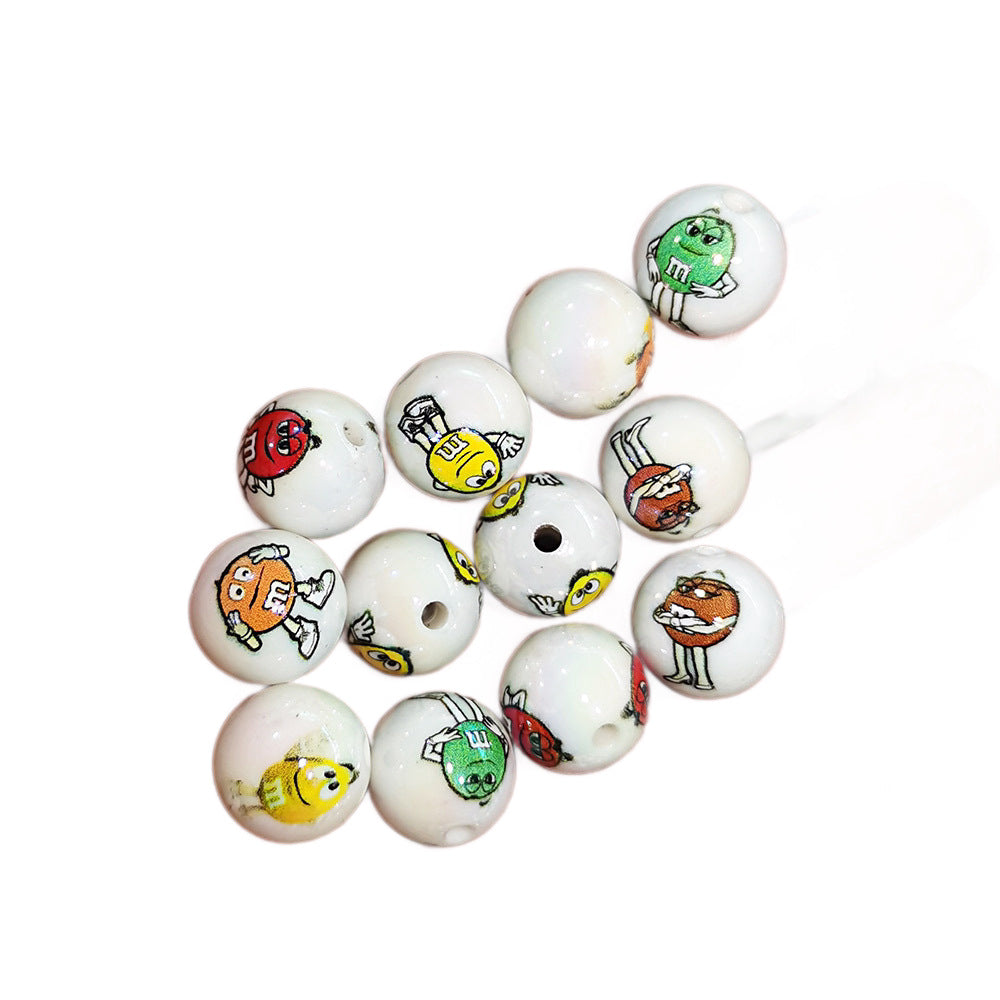 100Pcs 16mm acrylic cartoon M bean printing round beads DIY beaded loose beads mobile phone chain keychain accessories