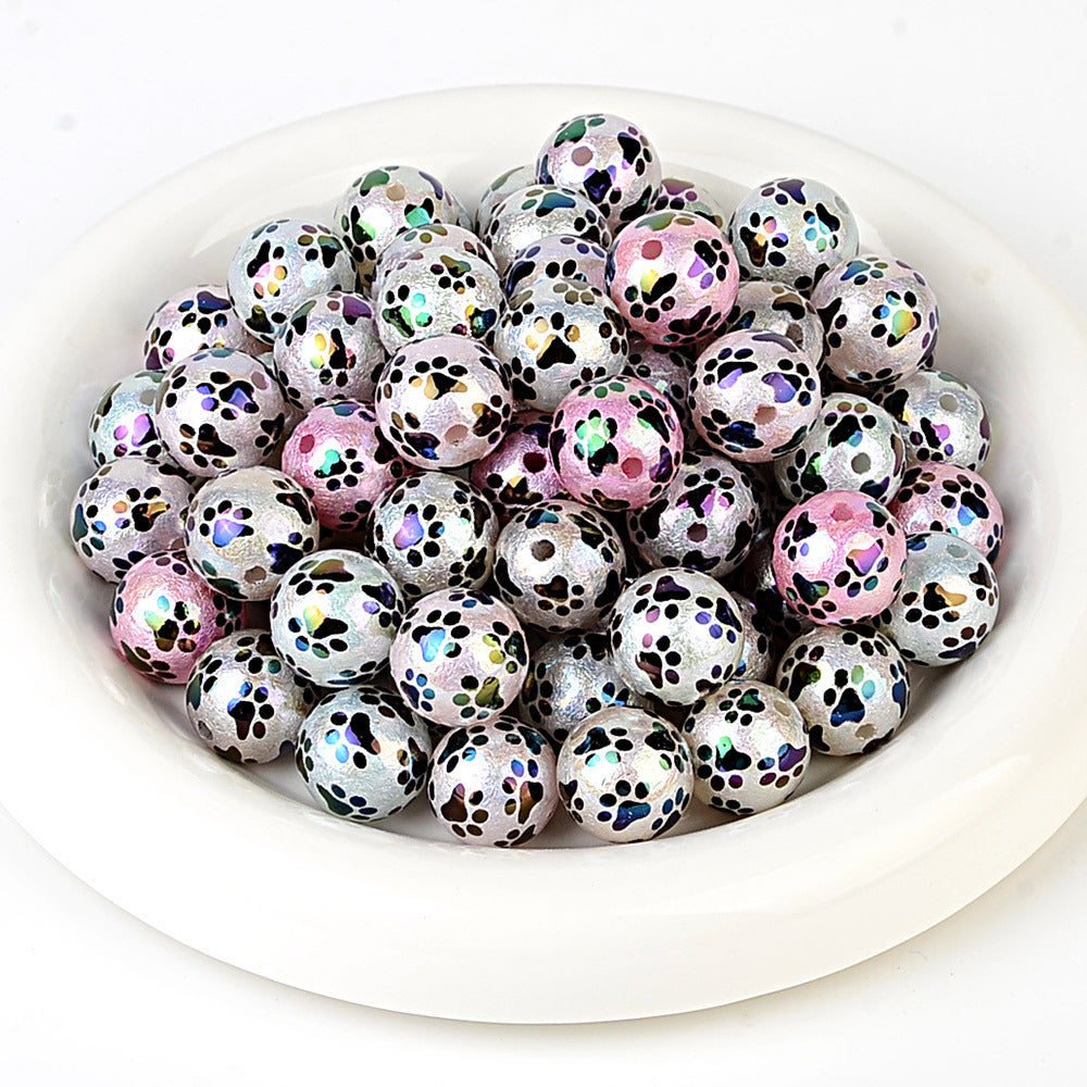 100Pcs acrylic solid color printing cat claw pattern 16 vertical hole round beads DIY Douyin live broadcast mobile phone rope keychain accessories