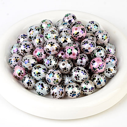 100Pcs acrylic solid color printing cat claw pattern 16 vertical hole round beads DIY Douyin live broadcast mobile phone rope keychain accessories