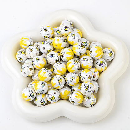 100Pcs acrylic plated cute little bee through hole round beads DIY handmade beaded necklace earrings bracelet accessories loose beads