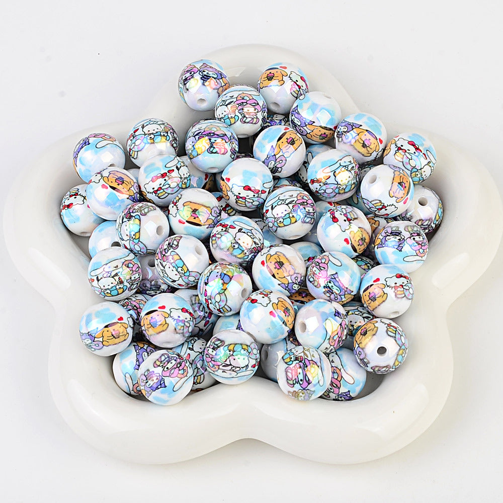100Pcs printed Sanrio Hello Kitty hallo KT straight hole round beads DIY jewelry loose beads mobile phone chain bead pen accessories