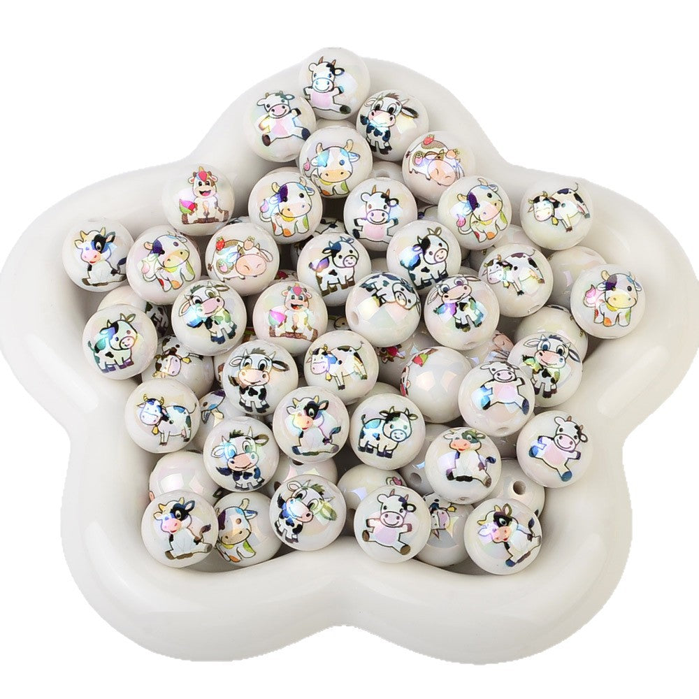 100Pcs acrylic personalized plated UV color printing cow round beads DIY handmade beaded loose bead string pen mobile phone chain jewelry accessories