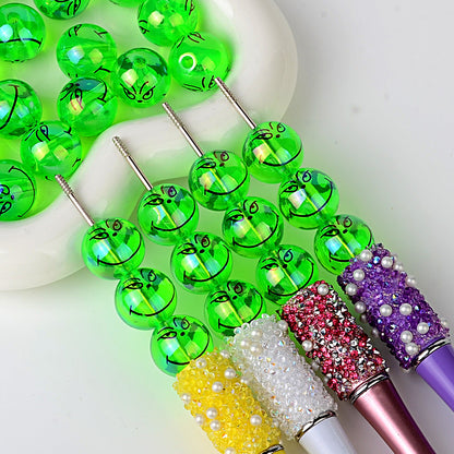 100Pcss 16mm fluorescent green Grinch expression acrylic through-hole round beads DIY handmade jewelry loose bead accessories wholesale