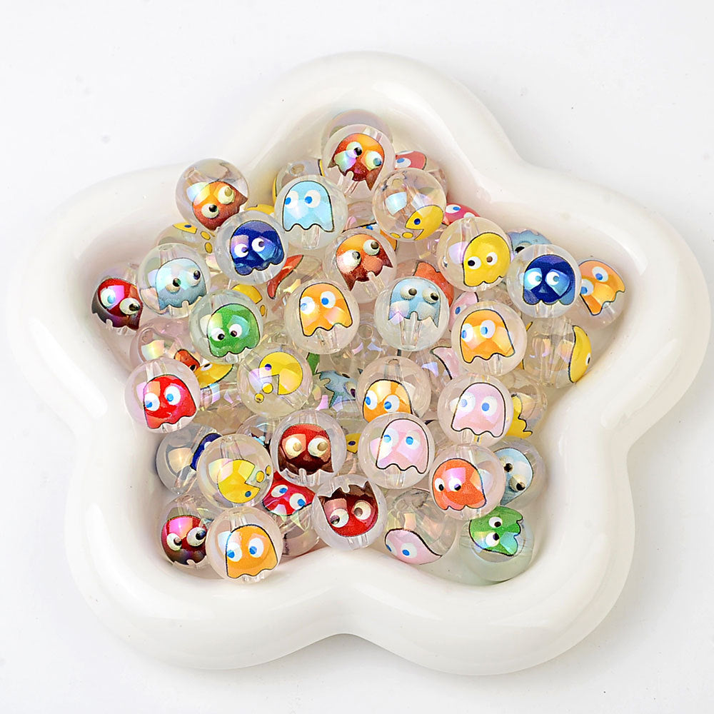 100Pcs 16mm acrylic solid color printing Pac-Man ghost straight hole round beads DIY handmade beaded jewelry accessories loose beads