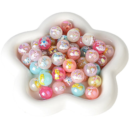 100Pcs Cross-border 16mm acrylic rainbow bear cartoon pattern printed beads round beads DIY bead pen jewelry accessories