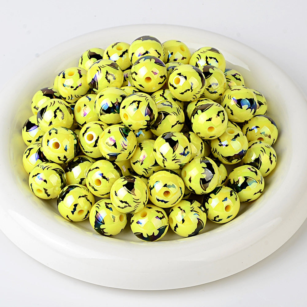 100Pcs acrylic UV plated colorful multi-color Halloween printing bat round beads DIY handmade string pen mobile phone chain accessories