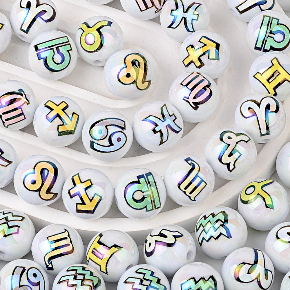 100Pcs acrylic printing twelve constellation symbols through hole round beads DIY mobile phone chain bag chain bead pen jewelry accessories