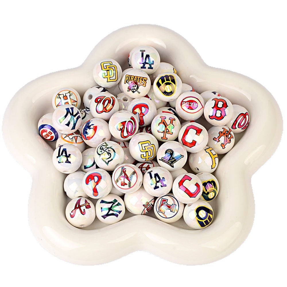 100Pcs acrylic printing MLB baseball round beads 16MM loose beads DIY bead pen car hanging accessories