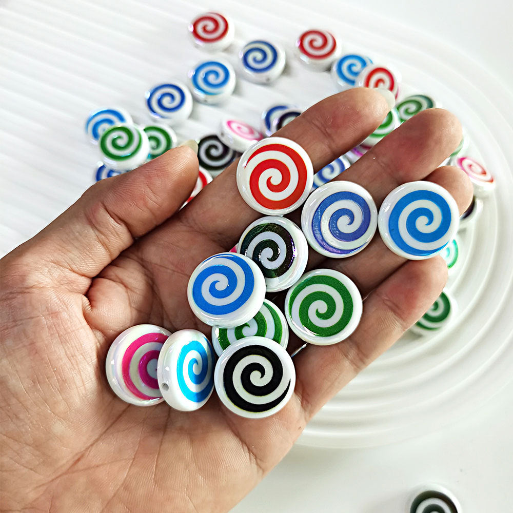 100Pcs acrylic color-plated double-sided printing whirlwind donut straight-hole beads, biscuit beads DIY mobile phone chain jewelry accessories