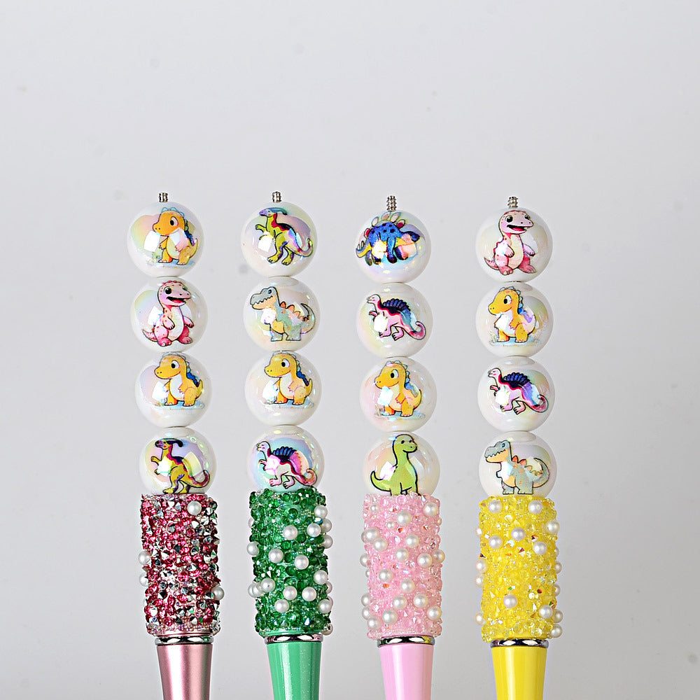 100Pcs 16mm acrylic solid color printing cartoon dinosaur theme straight hole round beads, handmade DIY mobile phone rope jewelry accessories