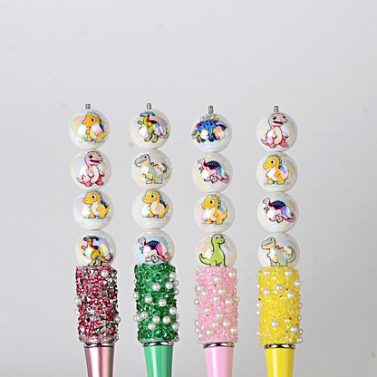 100Pcs 16mm acrylic solid color printing cartoon dinosaur theme straight hole round beads, handmade DIY mobile phone rope jewelry accessories
