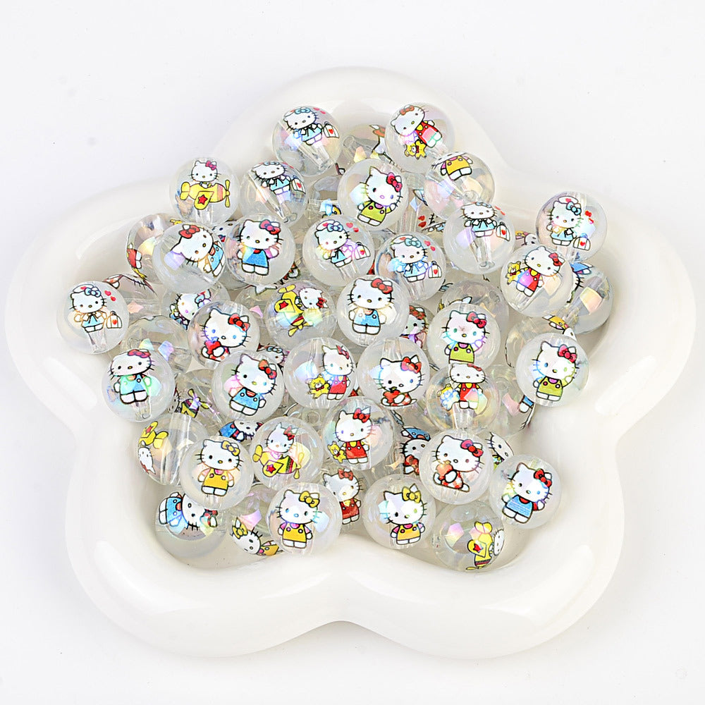 100Pcs printed Sanrio Hello Kitty hallo KT straight hole round beads DIY jewelry loose beads mobile phone chain bead pen accessories