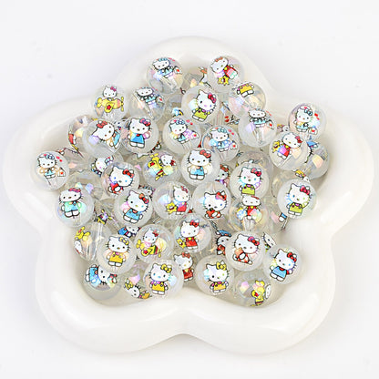 100Pcs printed Sanrio Hello Kitty hallo KT straight hole round beads DIY jewelry loose beads mobile phone chain bead pen accessories