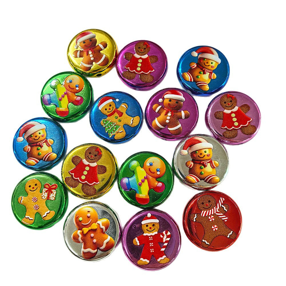 100Pcs 24mm metallic Christmas series printed through-hole flat beads DIY mobile phone bag chain jewelry accessories wholesale