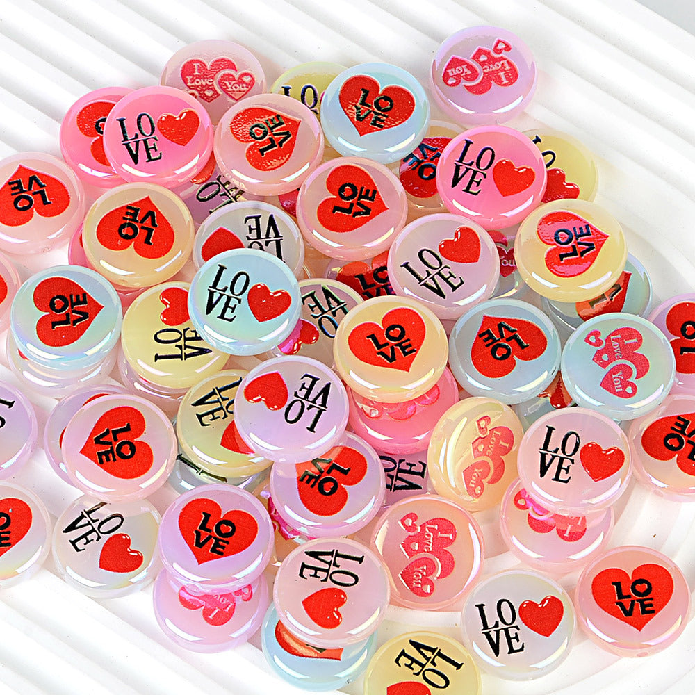 100Pcs acrylic plated Valentine's Day love love printing straight hole round cake beads DIY bead pen jewelry accessories material