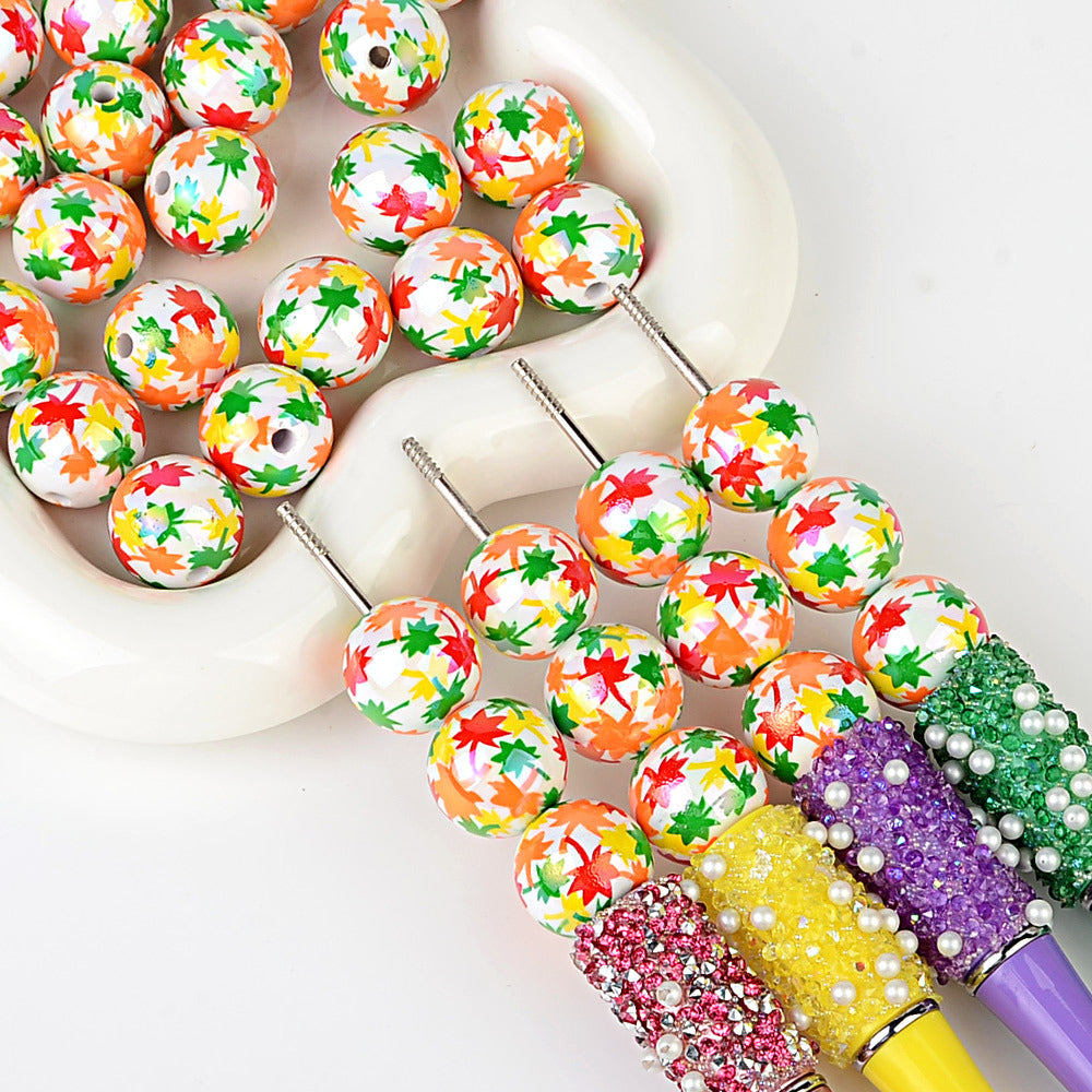 100Pcs UV color-plated 16mm color small maple leaf round beads DIY handmade beaded loose bead string pen mobile phone chain jewelry accessories