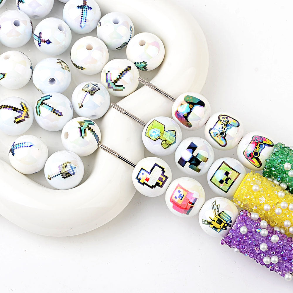 100Pcs 16mm acrylic printed cartoon gamepad straight hole round beads DIY handmade beaded jewelry accessories material