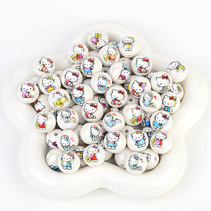 100Pcs printed Sanrio Hello Kitty hallo KT straight hole round beads DIY jewelry loose beads mobile phone chain bead pen accessories