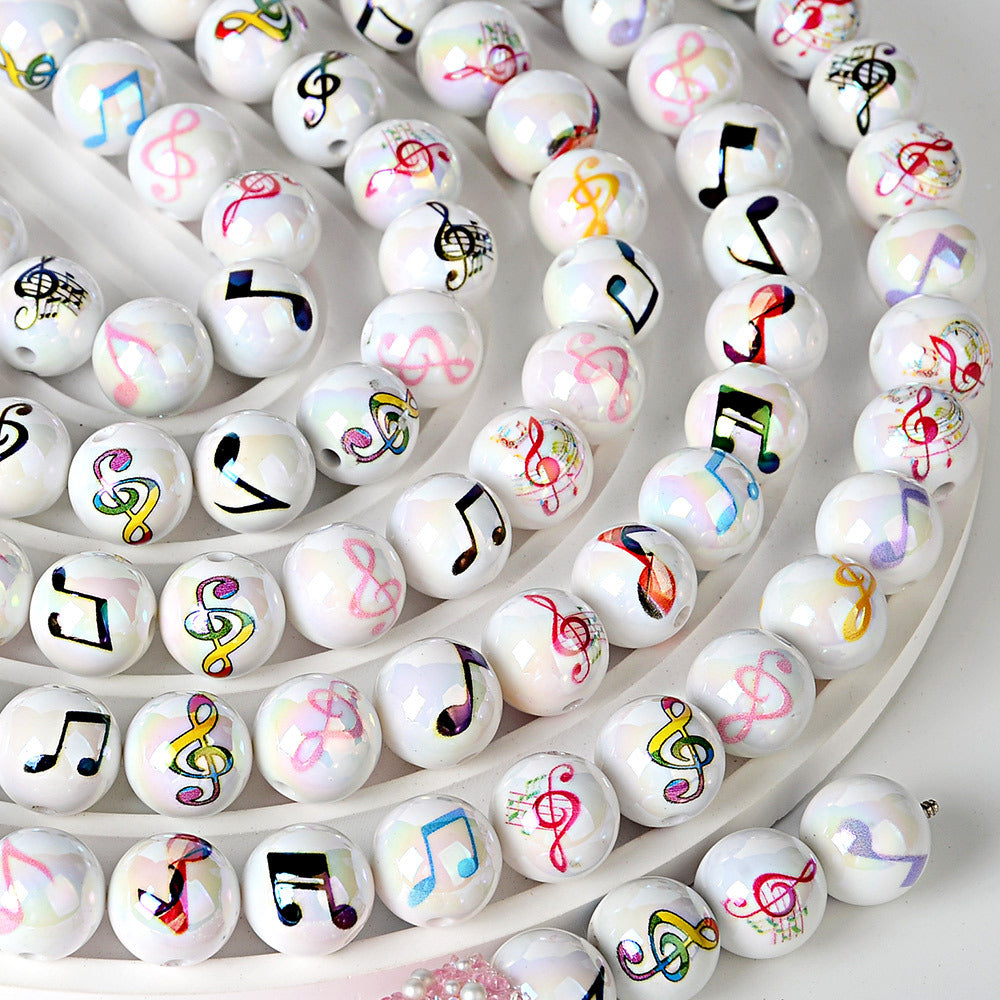100Pcs acrylic solid color plated uv printing music note straight hole round beads DIY mobile phone keychain bead pen material wholesale