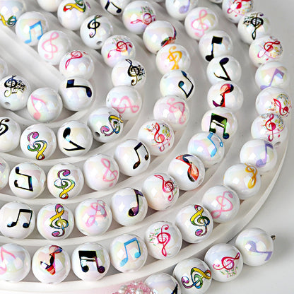 100Pcs acrylic solid color plated uv printing music note straight hole round beads DIY mobile phone keychain bead pen material wholesale