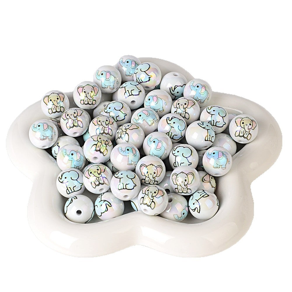 100Pcs 16mm acrylic solid color double-sided printing baby elephant straight hole round beads DIY handmade beaded jewelry accessories loose beads