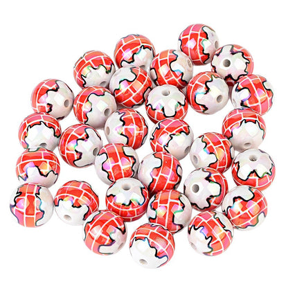 100Pcs Christmas red brick house printed round beads, through hole DIY handmade bracelet accessories loose beads Christmas beads