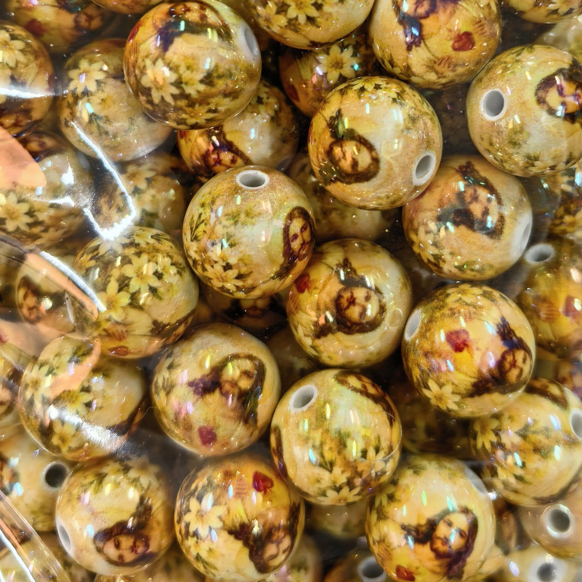 100Pcs Christmas portrait floral through-hole acrylic round beads UV printing loose beads DIY string pen bracelet handmade jewelry accessories