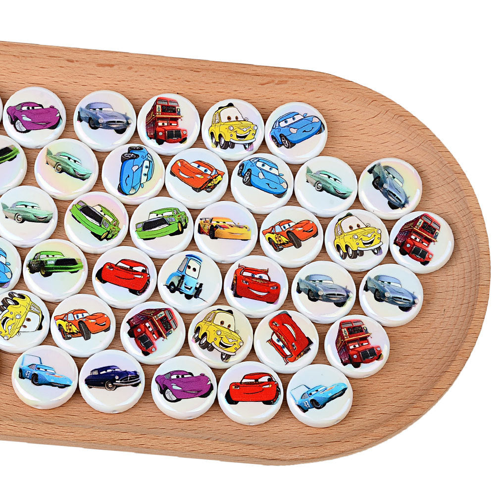 100Pcs acrylic UV plated color cartoon racing series straight hole flat bead DIY handmade beaded jewelry accessories material